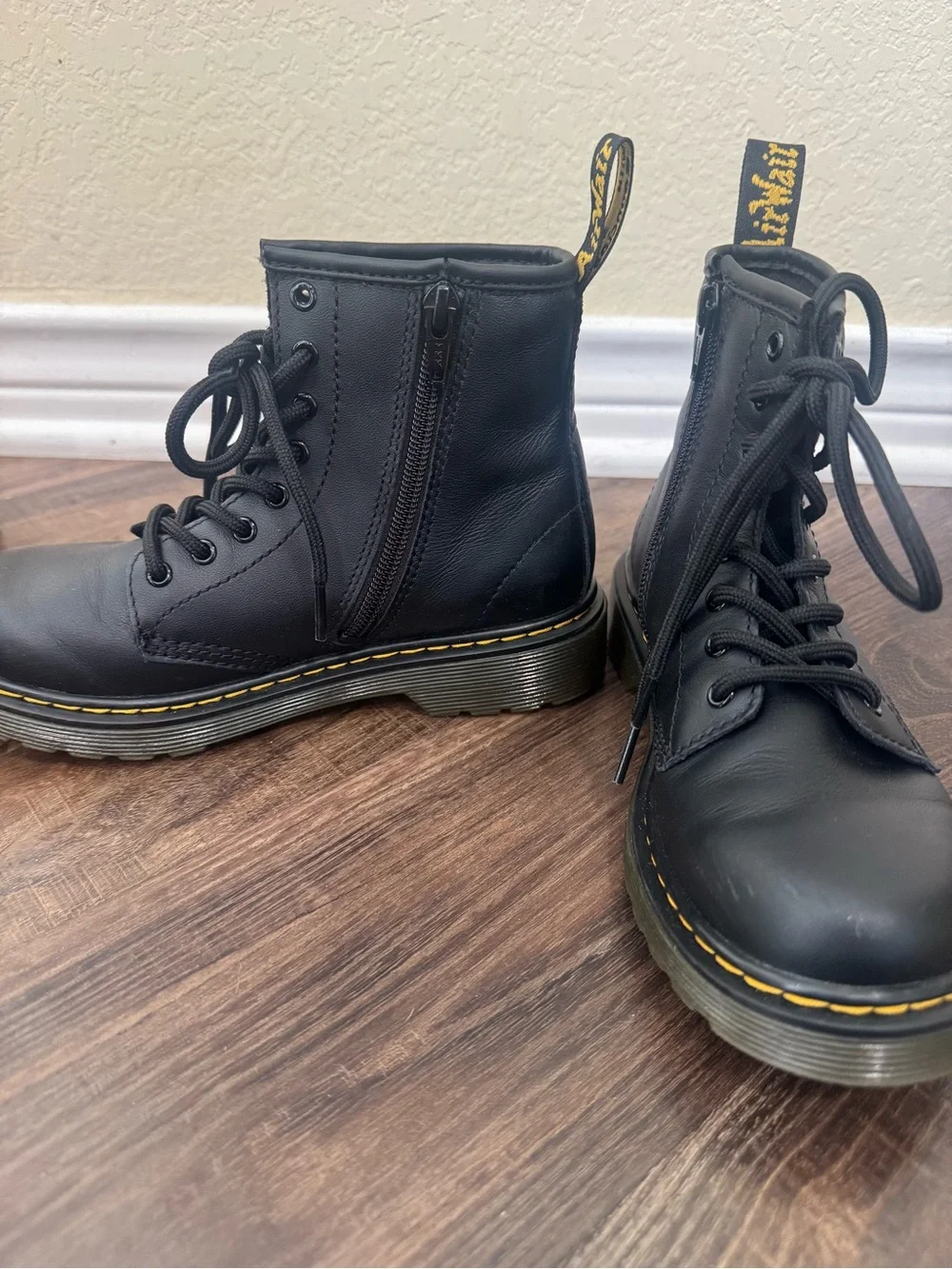Dr. Martens Kids Black Lace-Up Boots with Yellow Stitching